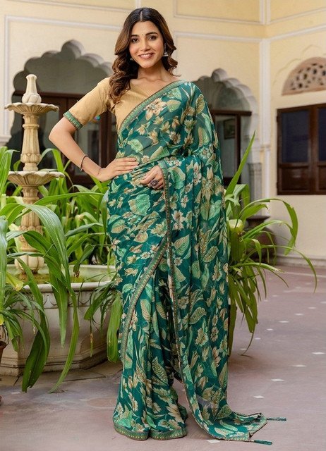 Georgette Floral Printed Saree With Unstitched Blouse 5.5Mtr (Green)