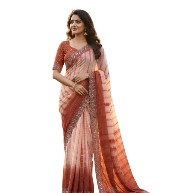 Georgette Striped Saree With Unstitched Blouse 5.5Mtr (Peach) - Image 2