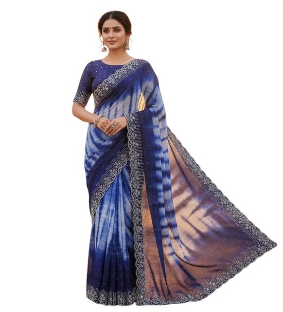 Georgette Striped Saree With Unstitched Blouse 5.5Mtr (Navy Blue) - Image 2