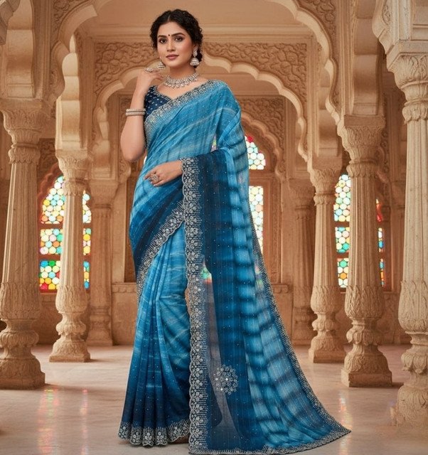 Georgette Striped Saree With Unstitched Blouse 5.5Mtr (Blue)