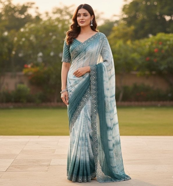 Georgette Striped Saree With Unstitched Blouse 5.5Mtr (Ice blue)