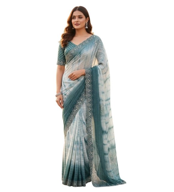 Georgette Striped Saree With Unstitched Blouse 5.5Mtr (Ice blue) - Image 2
