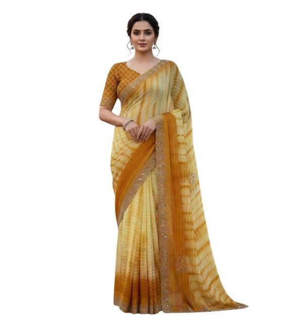 Georgette Striped Saree With Unstitched Blouse 5.5Mtr (Yellow) - Image 2