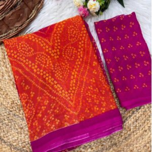 Georgette Bandhani Printed Saree With Unstitched Blouse 5.5Mtr (Orange-Magenta)