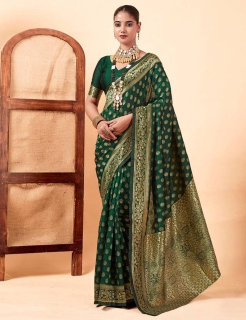 Jacquard Printed Saree With Unstitched Blouse 5.5Mtr (Bottle Green)