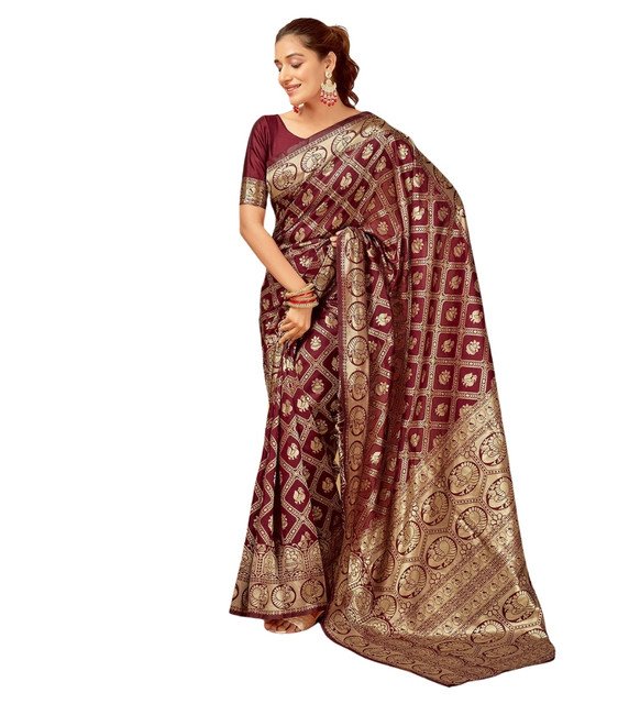 Jacquard Printed Saree With Unstitched Blouse 5.5Mtr (Maroon) - Image 2