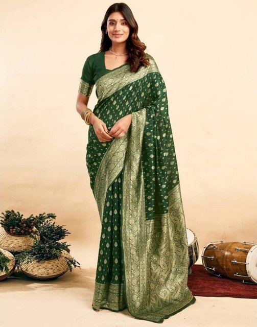 Jacquard Printed Saree With Unstitched Blouse 5.5Mtr (Bottle Green)