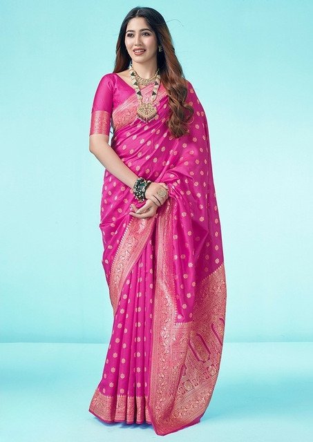 Jacquard Printed Saree With Unstitched Blouse 5.5Mtr (Pink)