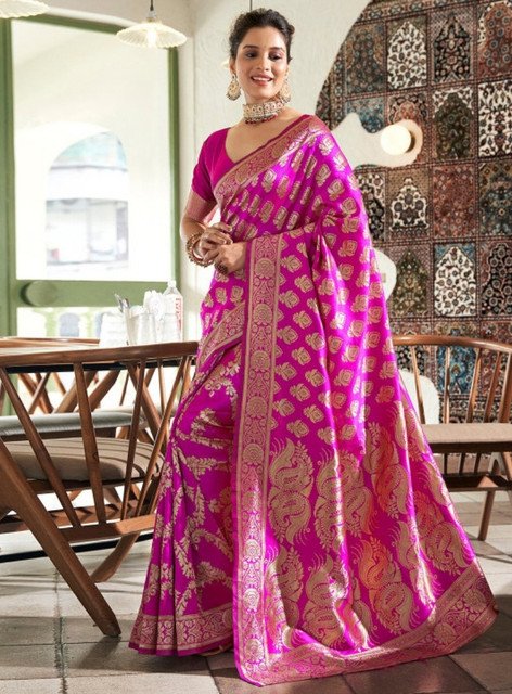 Jacquard Printed Saree With Unstitched Blouse 5.5Mtr (Pink)