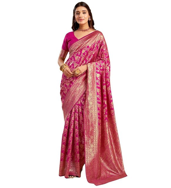 Jacquard Printed Saree With Unstitched Blouse 5.5Mtr (Pink) - Image 2