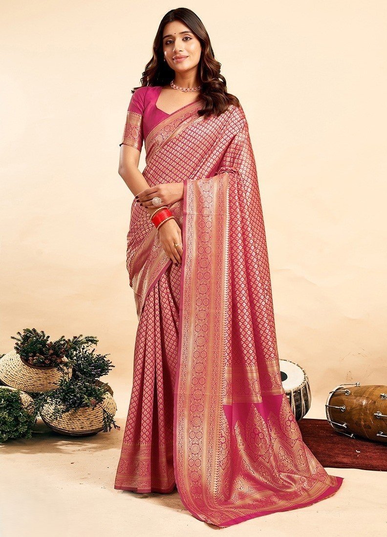 Jacquard Printed Saree With Unstitched Blouse 5.5Mtr (Pink)