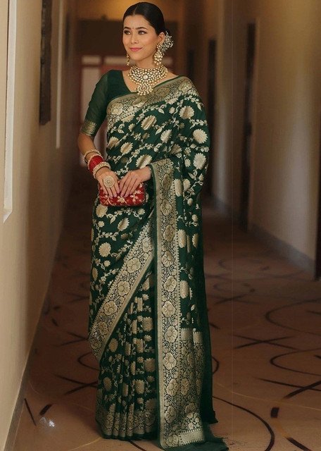 Jacquard Printed Saree With Unstitched Blouse 5.5Mtr (Bottle Green)