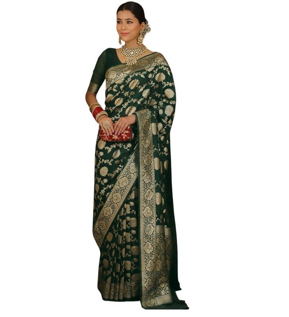 Jacquard Printed Saree With Unstitched Blouse 5.5Mtr (Bottle Green) - Image 2