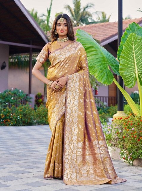 Jacquard Printed Saree With Unstitched Blouse 5.5Mtr (Mustard)