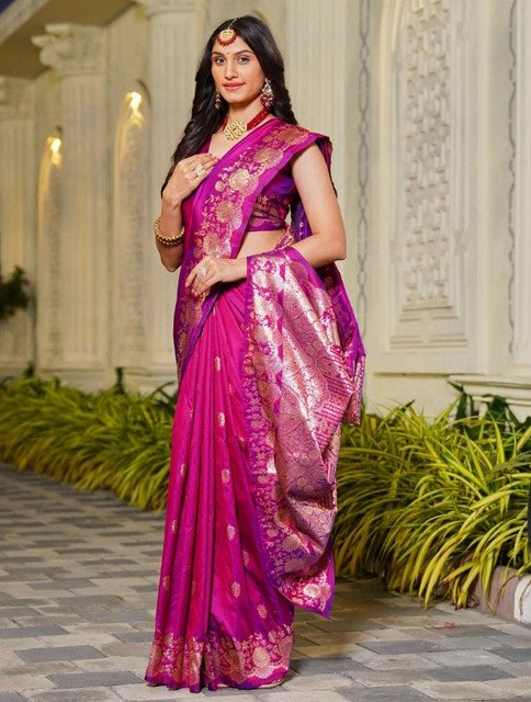 Jacquard Printed Saree With Unstitched Blouse 5.5Mtr (Magenta)