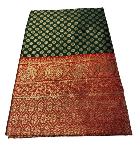 Jacquard Printed Saree With Unstitched Blouse 5.5Mtr (Dark Green) - Image 2