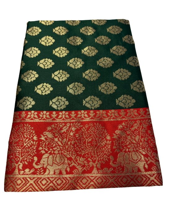 Jacquard Printed Saree With Unstitched Blouse 5.5Mtr (Bottle Green) - Image 2