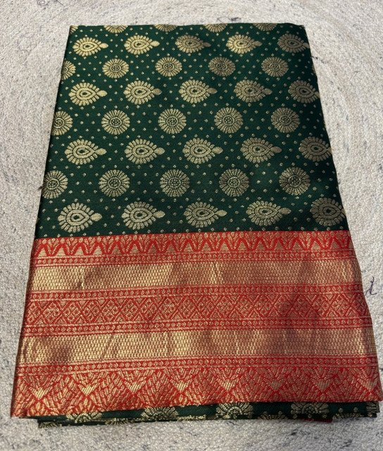 Jacquard Printed Saree With Unstitched Blouse 5.5Mtr (Bottle Green)