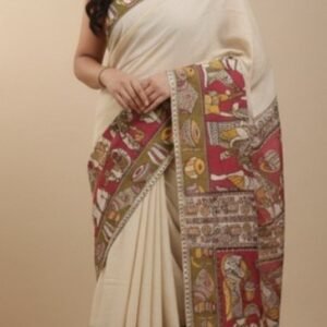 Women's Linen Kalamkari Printed Saree with Unstitched Blouse (5.5 Mtr)