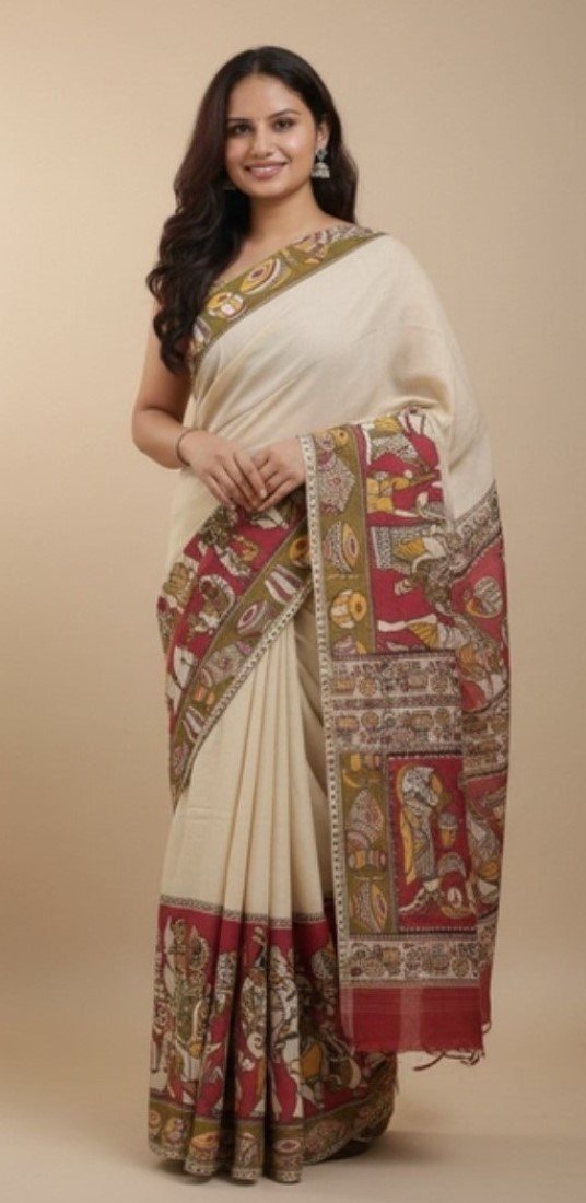 Women's Linen Kalamkari Printed Saree with Unstitched Blouse (5.5 Mtr)