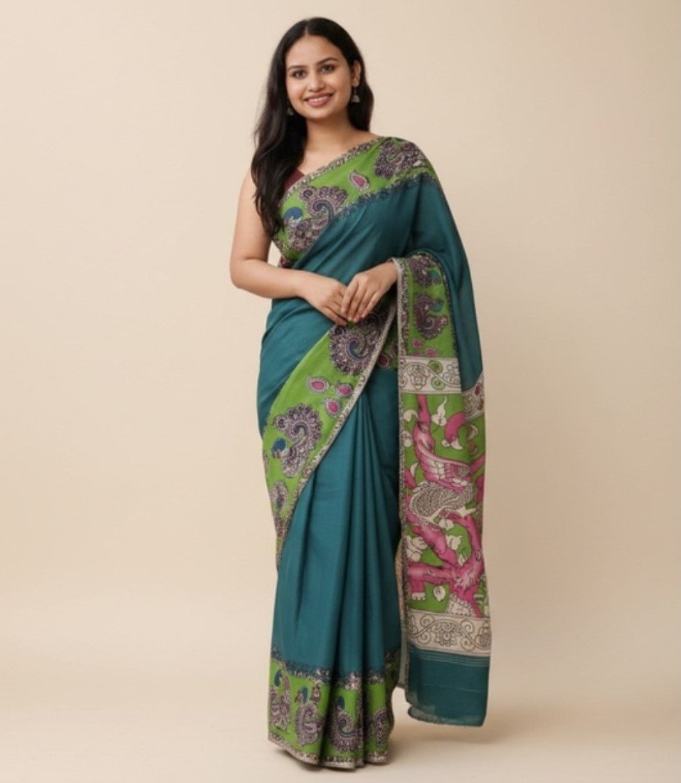 Women's Linen Kalamkari Printed Saree with Unstitched Blouse (5.5 Mtr) - Image 2