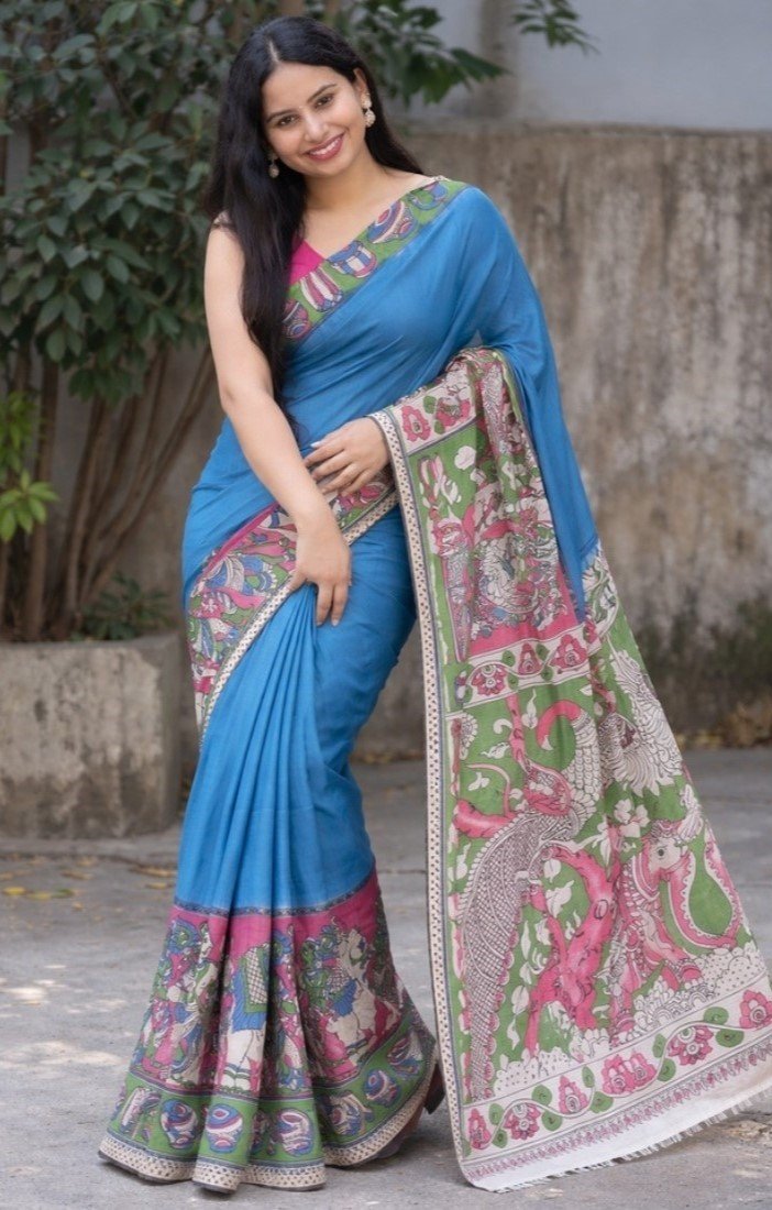 Women's Linen Kalamkari Printed Saree with Unstitched Blouse (5.5 Mtr) - Image 3