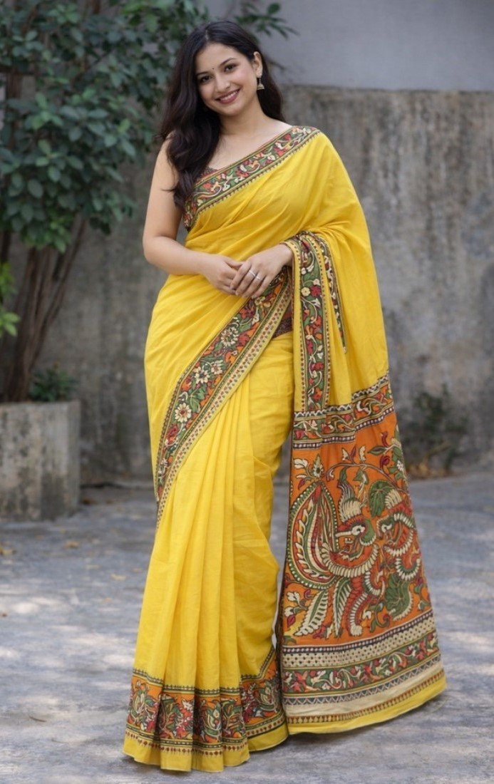 Women's Linen Kalamkari Printed Saree with Unstitched Blouse (5.5 Mtr) - Image 4