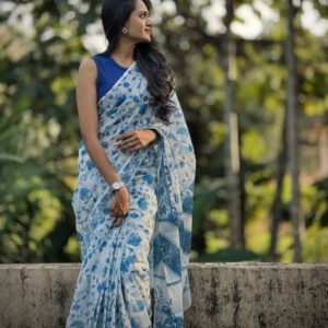 Women's Linen Floral Printed Saree with Unstitched Blouse (5.5 Mtr)