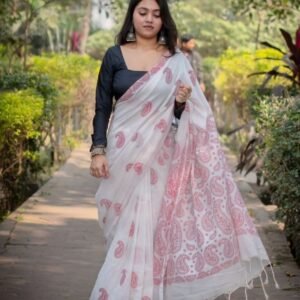 Women's Linen Paisley Printed Saree with Unstitched Blouse (5.5 Mtr)