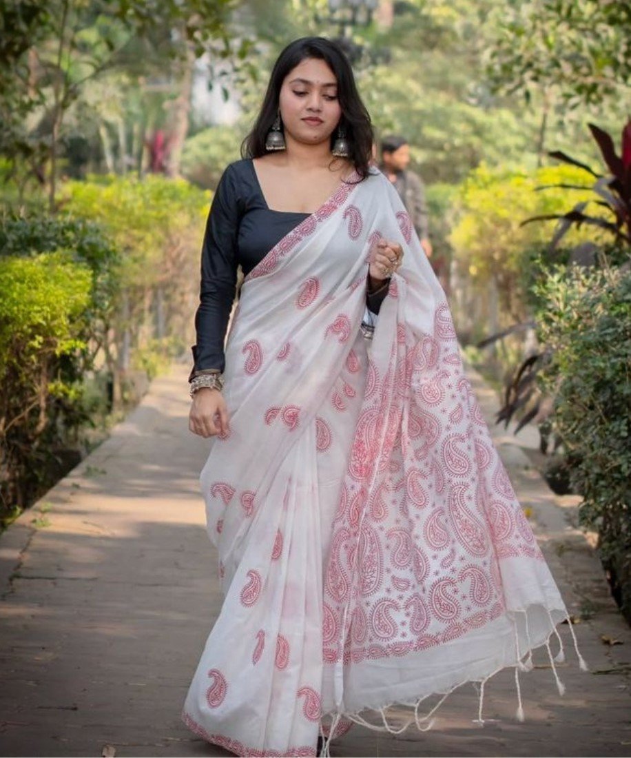 Women's Linen Paisley Printed Saree with Unstitched Blouse (5.5 Mtr)