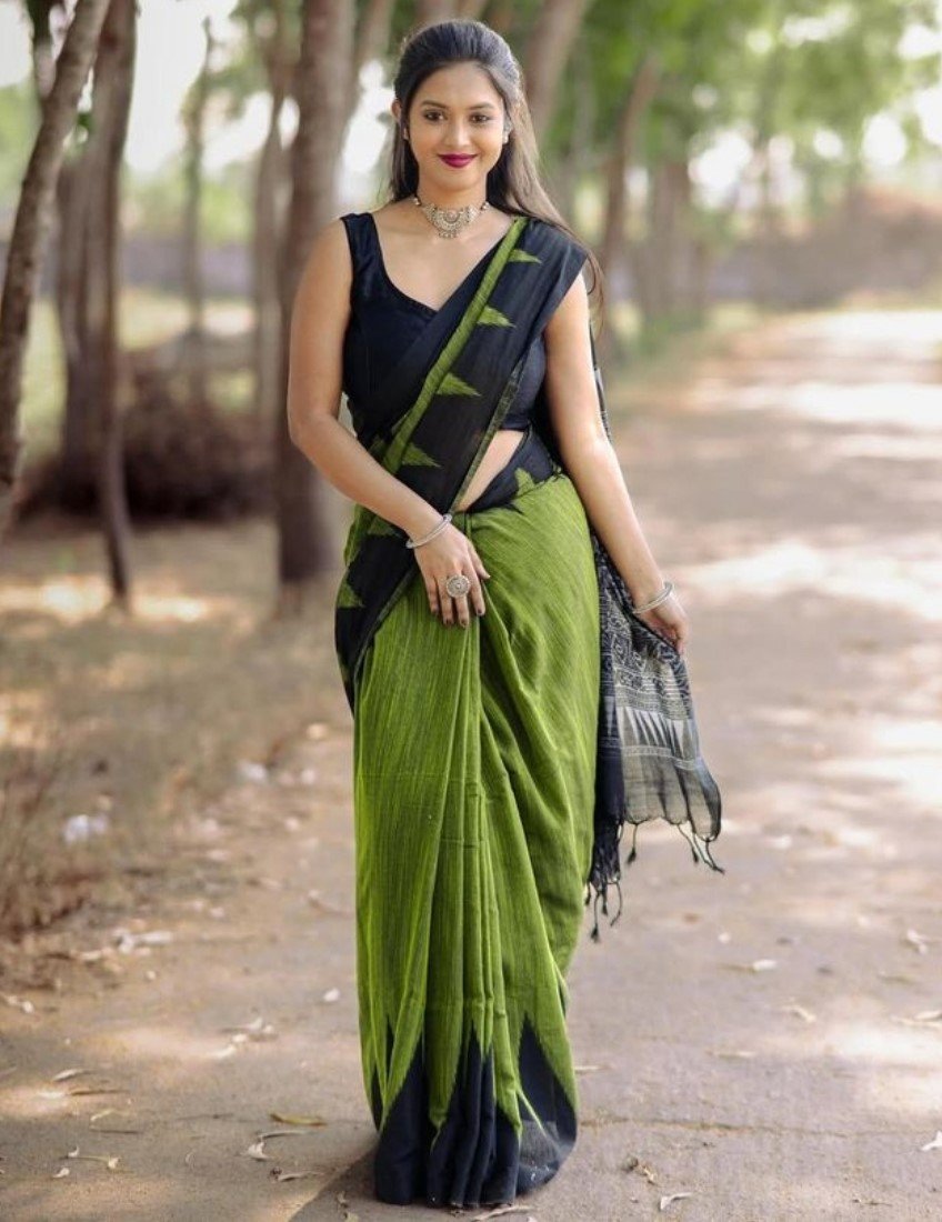 Women's Linen Kalamkari Printed Saree with Unstitched Blouse (5.5 Mtr) - Image 6