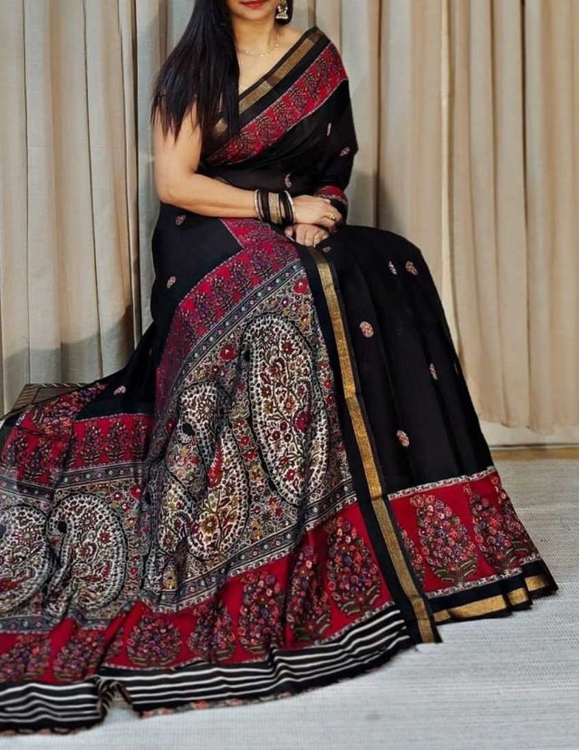 Women's Linen Kalamkari Printed Saree with Unstitched Blouse (5.5 Mtr) - Image 8