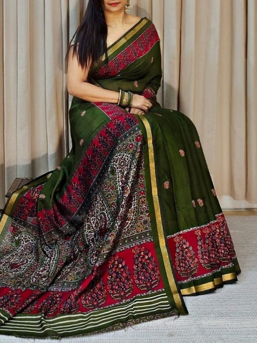 Women's Linen Kalamkari Printed Saree with Unstitched Blouse (5.5 Mtr) - Image 9