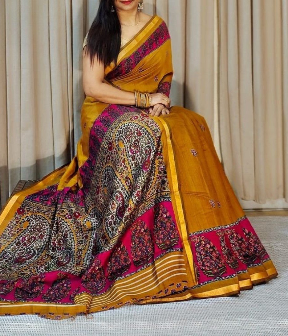 Women's Linen Kalamkari Printed Saree with Unstitched Blouse (5.5 Mtr) - Image 13