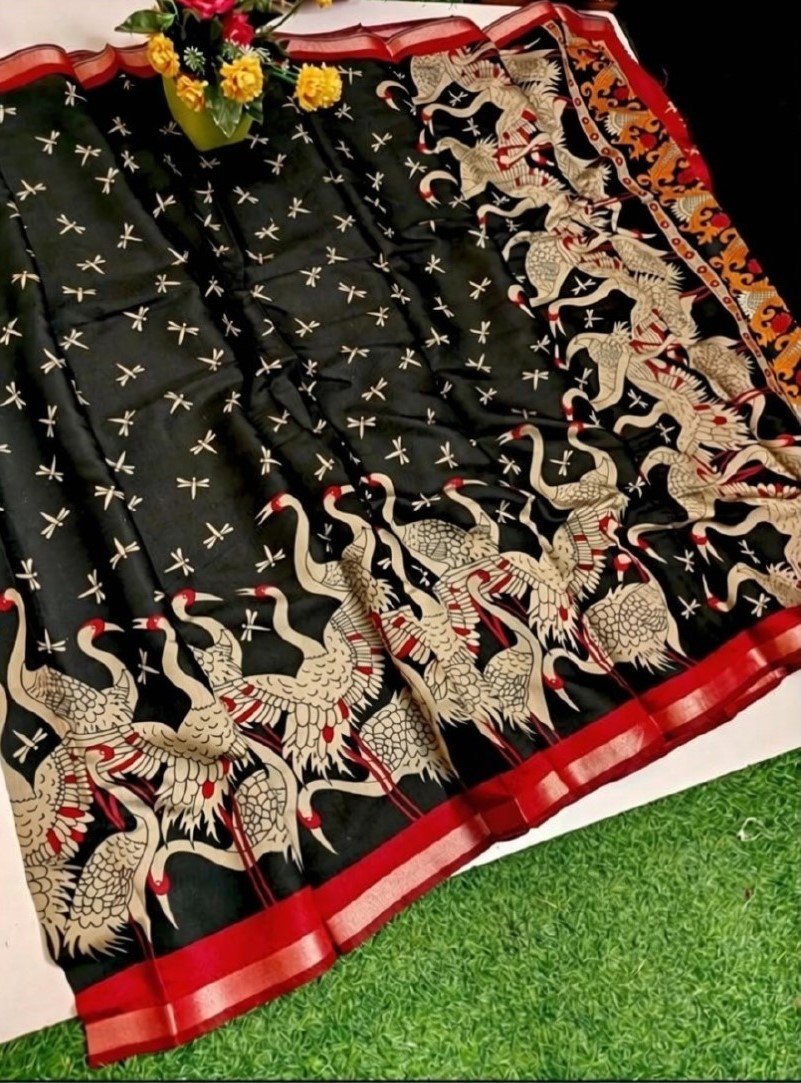 Women's Linen Kalamkari Printed Saree with Unstitched Blouse (5.5 Mtr) - Image 14