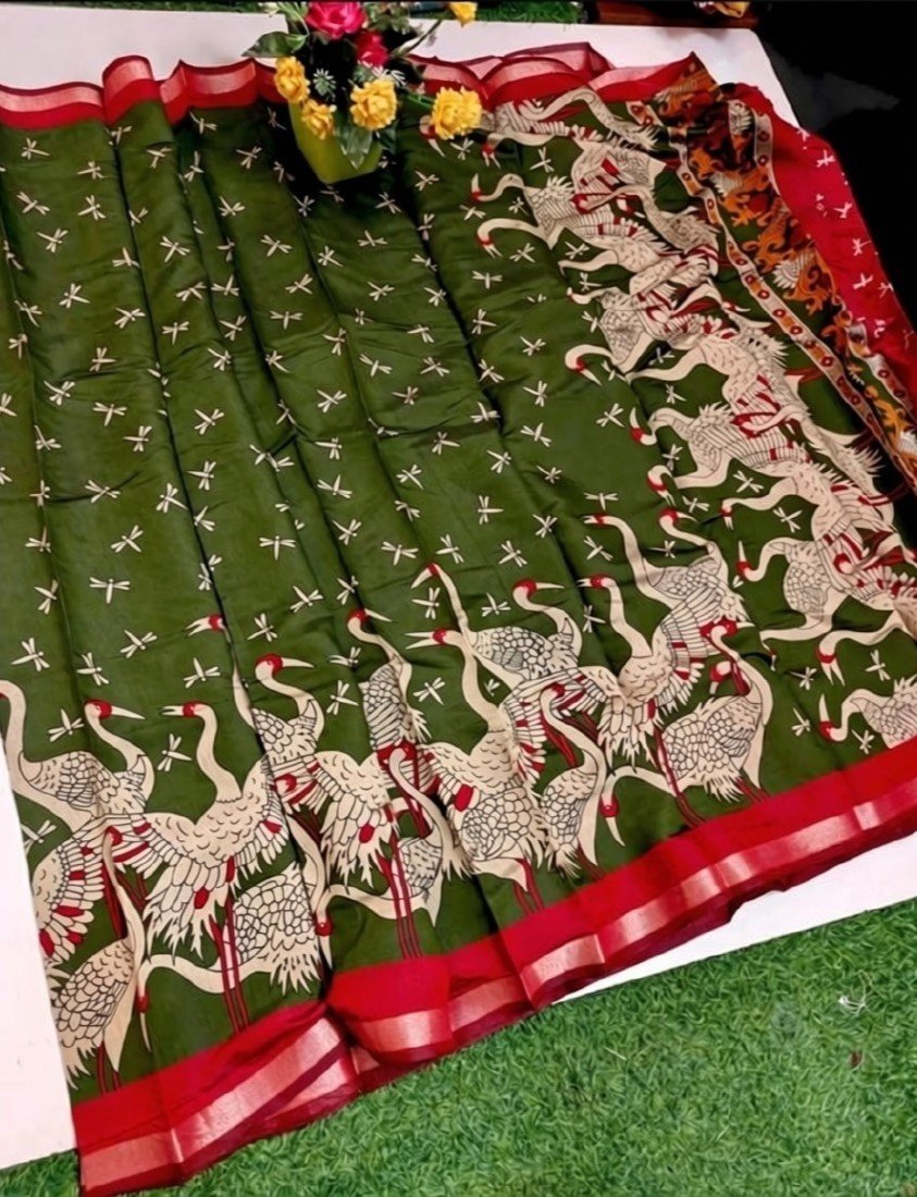 Women's Linen Kalamkari Printed Saree with Unstitched Blouse (5.5 Mtr) - Image 15