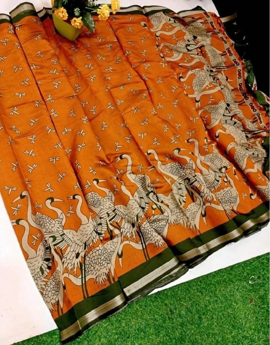 Women's Linen Kalamkari Printed Saree with Unstitched Blouse (5.5 Mtr) - Image 16