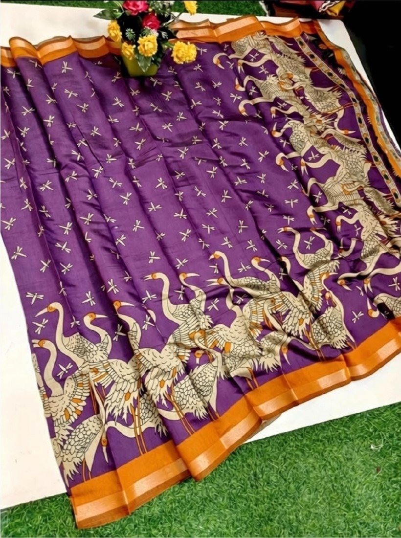 Women's Linen Kalamkari Printed Saree with Unstitched Blouse (5.5 Mtr) - Image 17