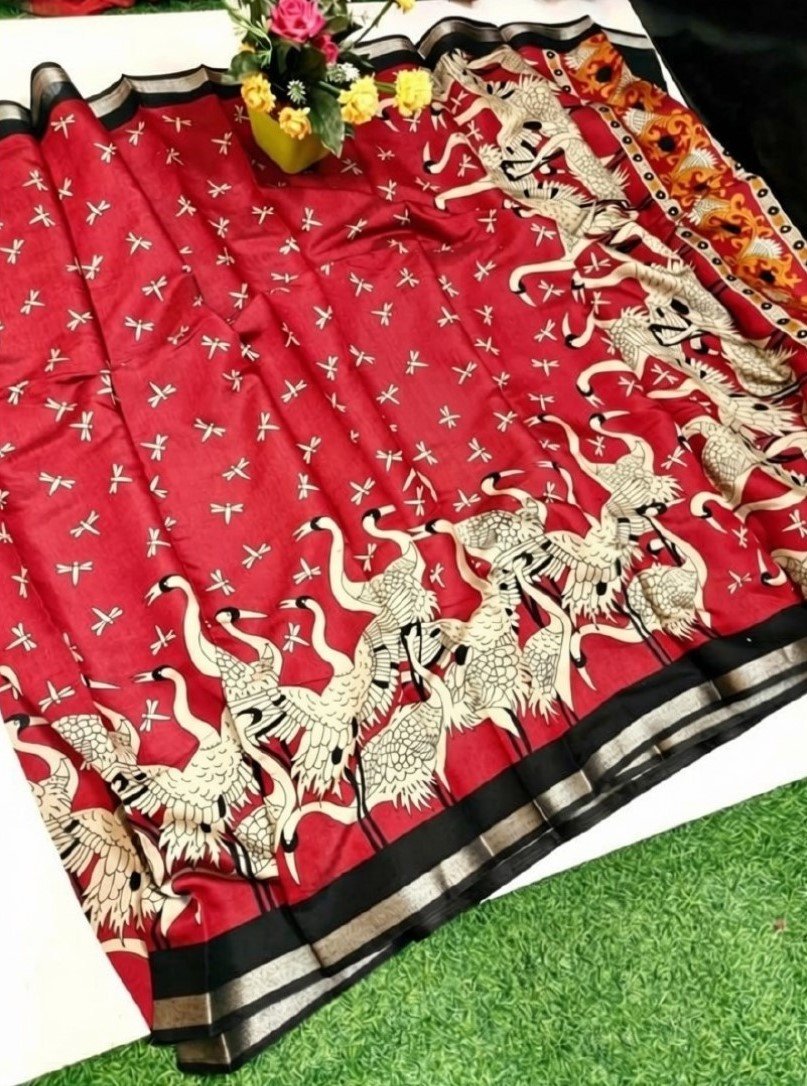 Women's Linen Kalamkari Printed Saree with Unstitched Blouse (5.5 Mtr) - Image 18
