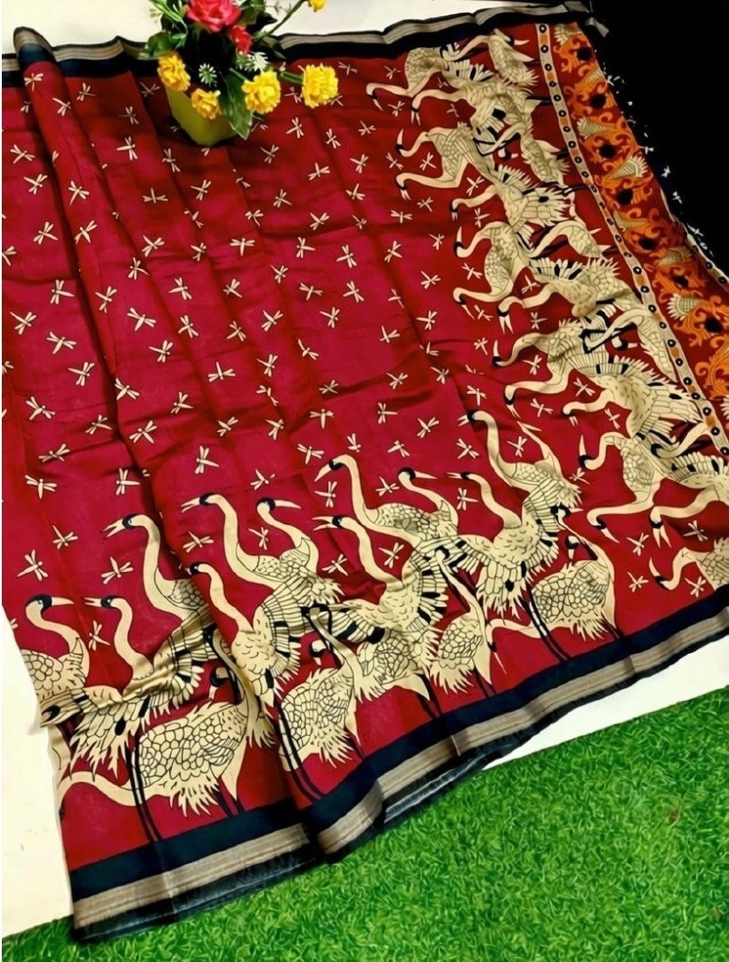Women's Linen Kalamkari Printed Saree with Unstitched Blouse (5.5 Mtr) - Image 19