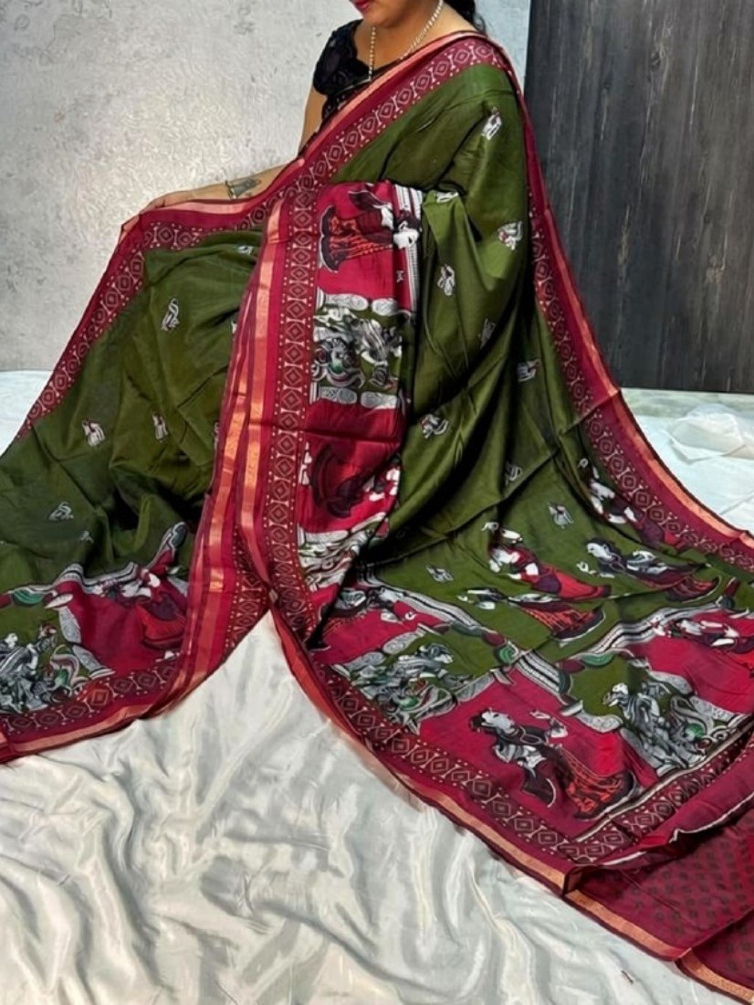 Women's Linen Kalamkari Printed Saree with Unstitched Blouse (5.5 Mtr) - Image 20