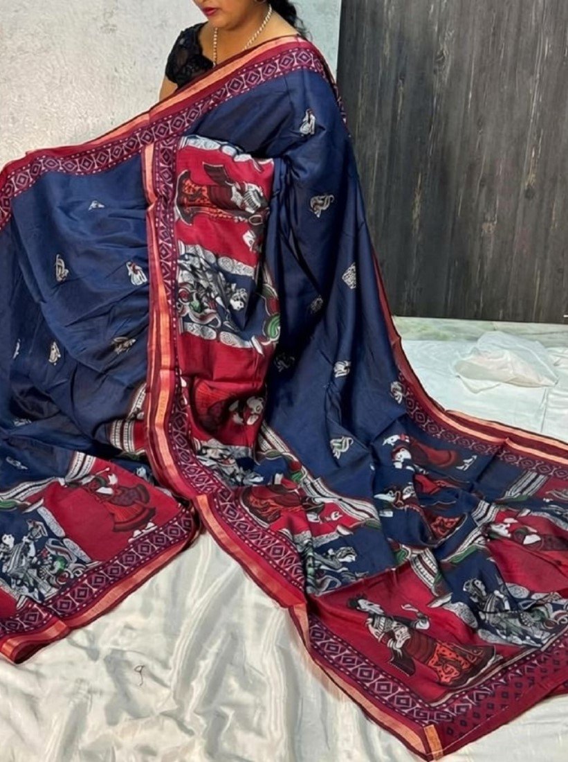 Women's Linen Kalamkari Printed Saree with Unstitched Blouse (5.5 Mtr) - Image 21