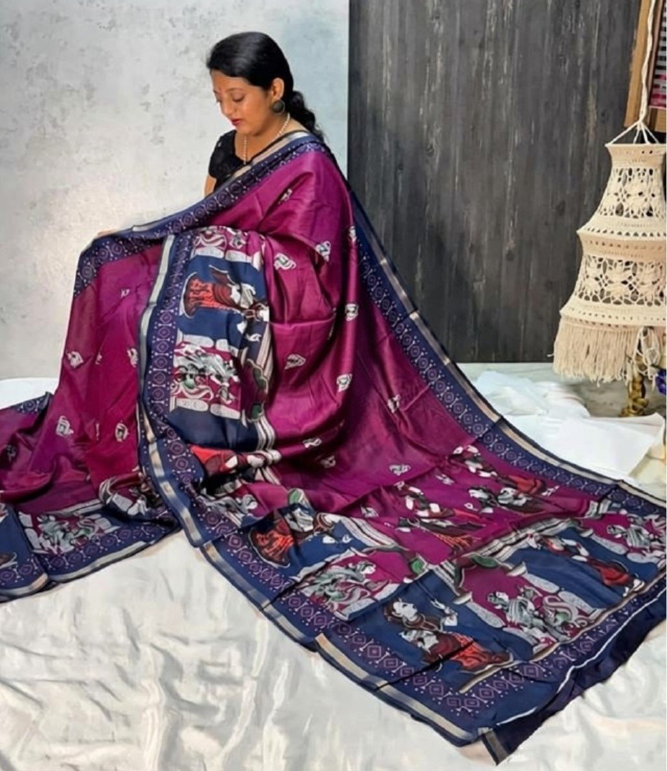 Women's Linen Kalamkari Printed Saree with Unstitched Blouse (5.5 Mtr) - Image 22