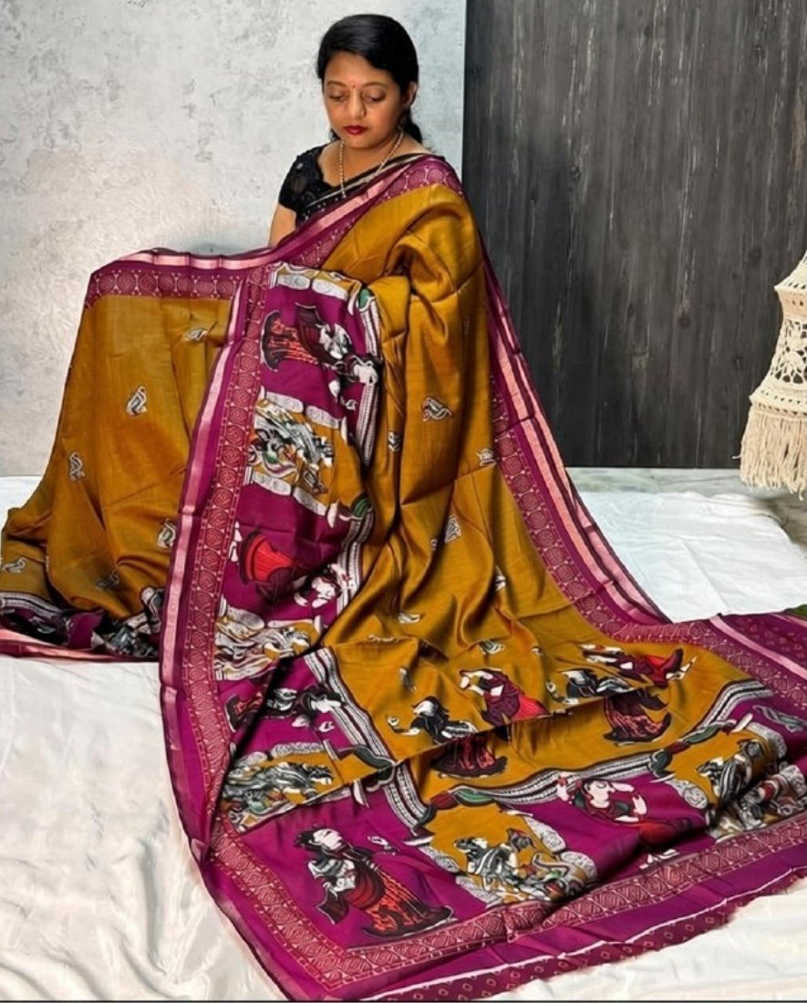 Women's Linen Kalamkari Printed Saree with Unstitched Blouse (5.5 Mtr) - Image 23