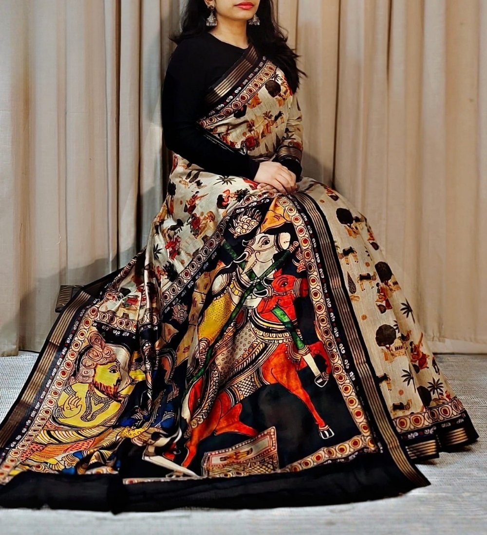 Women's Linen Kalamkari Printed Saree with Unstitched Blouse (5.5 Mtr) - Image 24