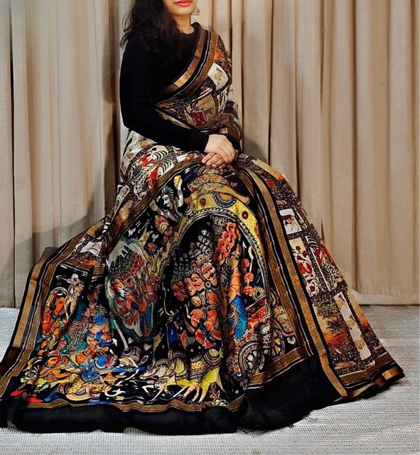 Women's Linen Kalamkari Printed Saree with Unstitched Blouse (5.5 Mtr) - Image 25
