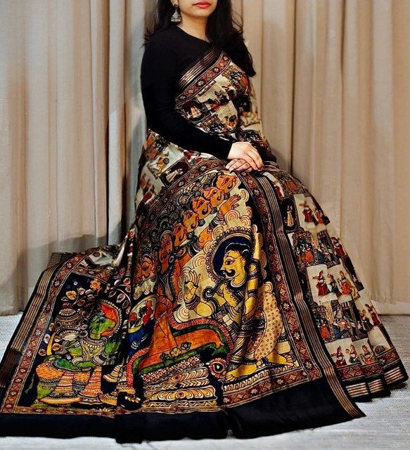 Women's Linen Kalamkari Printed Saree with Unstitched Blouse (5.5 Mtr) - Image 26