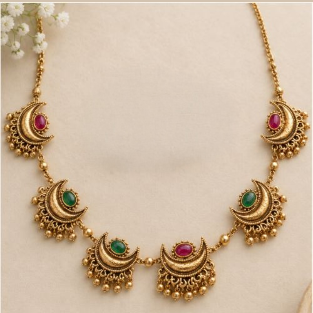 Antique Gold Moon-Shaped Necklace & Earring Set - Image 3